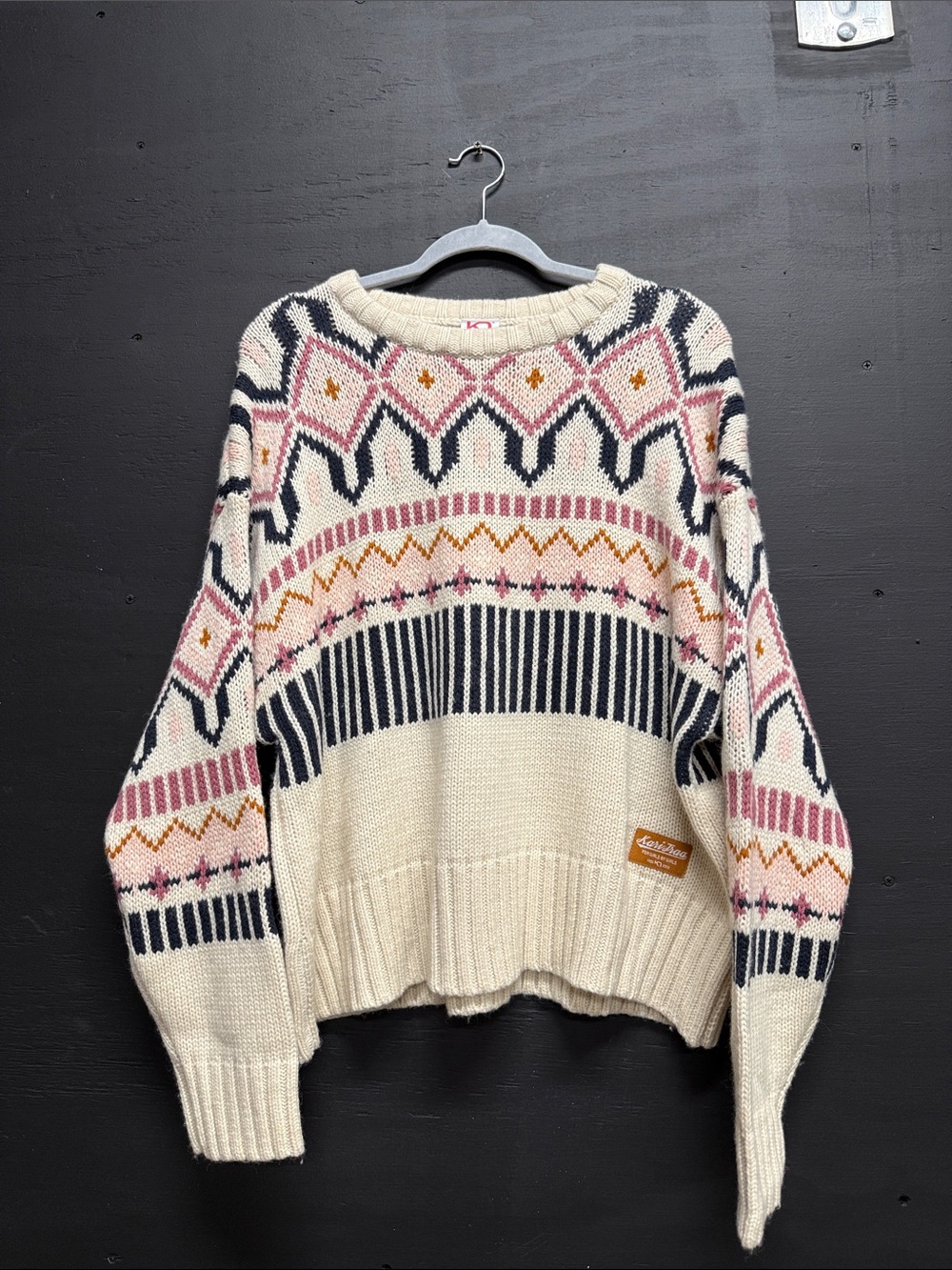 Kari Traa Cream Fair Isle Crewneck Sweater with Navy, Pink & Gold Accents